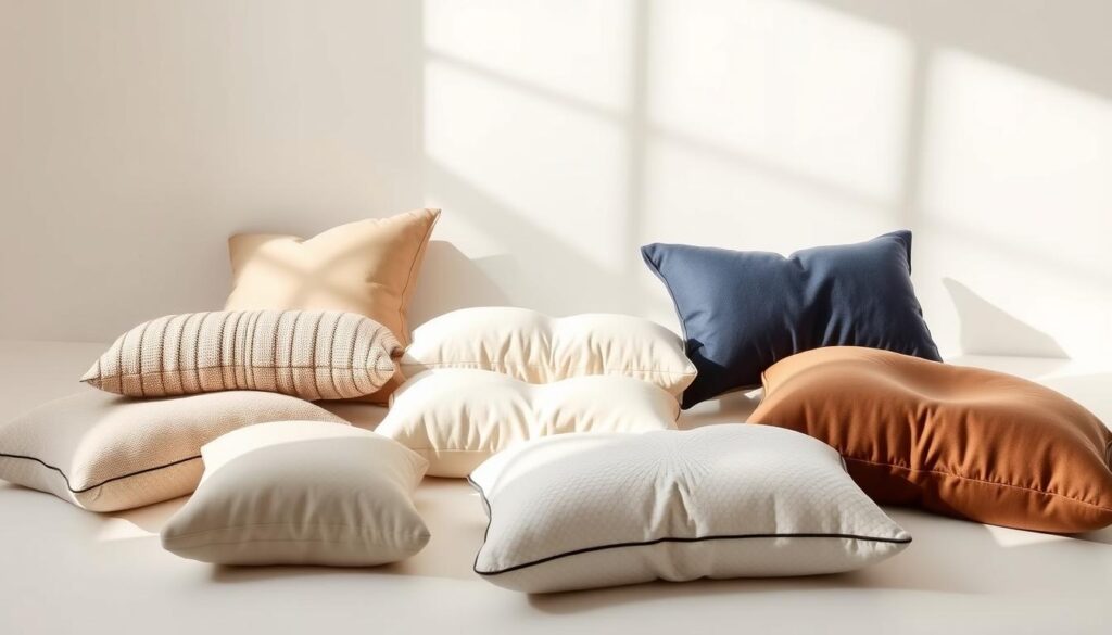 A tranquil, well-lit studio showcasing an assortment of orthopedic pillows in various shapes, sizes, and materials. The pillows are artfully arranged on a clean, minimalist surface, allowing their unique designs and textures to be the focal point. The lighting is soft and diffused, casting gentle shadows that accentuate the pillows' contours and create a serene, inviting atmosphere. The background is clean and uncluttered, allowing the pillows to stand out and capture the viewer's attention. The overall composition is balanced and visually appealing, conveying the essence of the "Rodzaje poduszek ortopedycznych" section of the article.