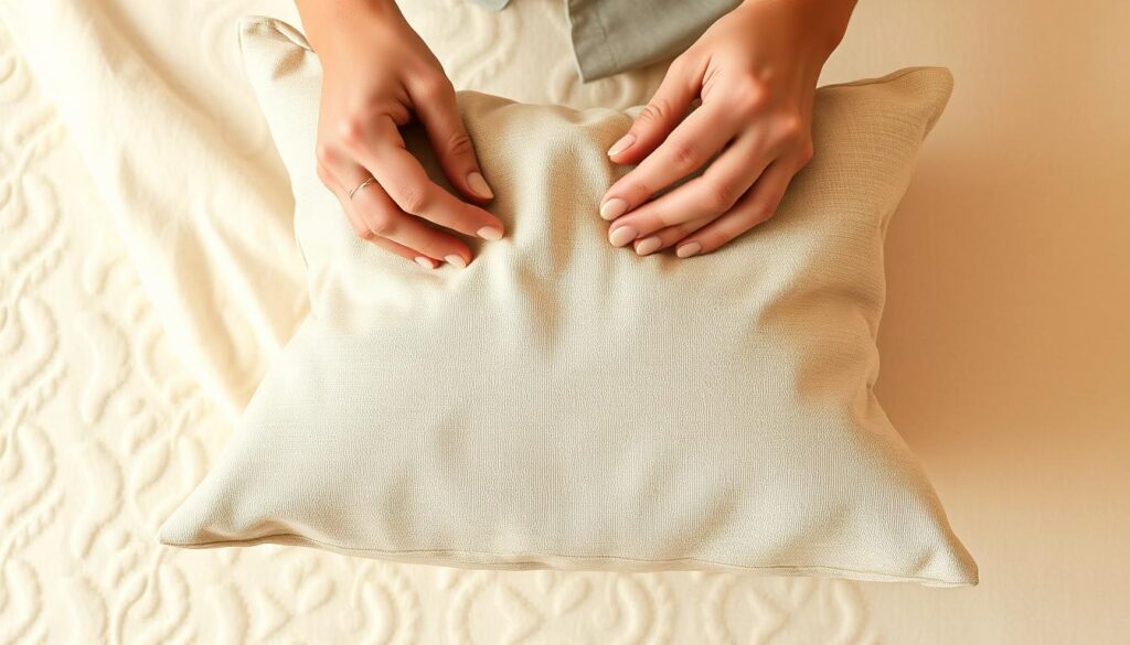 A vibrant, handmade decorative pillow taking shape against a soft, neutral background. The fabric is delicately textured, with intricate patterns and a muted color palette. Skilled hands carefully stitch the fabric, guiding the needle with precision. The pillow's form emerges, its plush surface ready to be fluffed and arranged. Warm, diffused lighting casts a gentle glow, highlighting the meticulous craftsmanship. The scene exudes a sense of creativity, coziness, and the satisfaction of a DIY project well-executed.