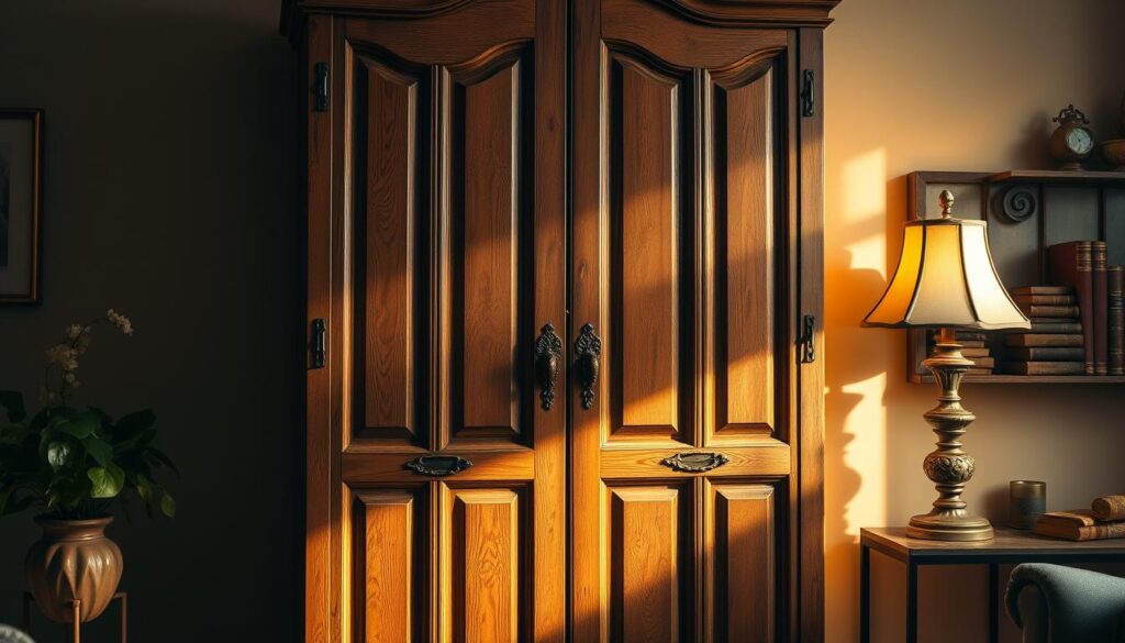 A vintage-inspired wardrobe cabinet, its weathered wood gleaming in the soft, warm lighting. Ornate brass handles and decorative paneling evoke a bygone era. The scene is bathed in a golden glow, with gentle shadows adding depth and dimension. Decorative items like a classic lamp, a potted plant, and antique books on a nearby shelf complete the cozy, nostalgic atmosphere. The overall composition suggests a harmonious blend of old and new, inviting the viewer to imagine reviving a cherished piece of furniture. A vintage-inspired wardrobe cabinet, its weathered wood gleaming in the soft, warm lighting. Ornate brass handles and decorative paneling evoke a bygone era. The scene is bathed in a golden glow, with gentle shadows adding depth and dimension. Decorative items like a classic lamp, a potted plant, and antique books on a nearby shelf complete the cozy, nostalgic atmosphere. The overall composition suggests a harmonious blend of old and new, inviting the viewer to imagine reviving a cherished piece of furniture.
