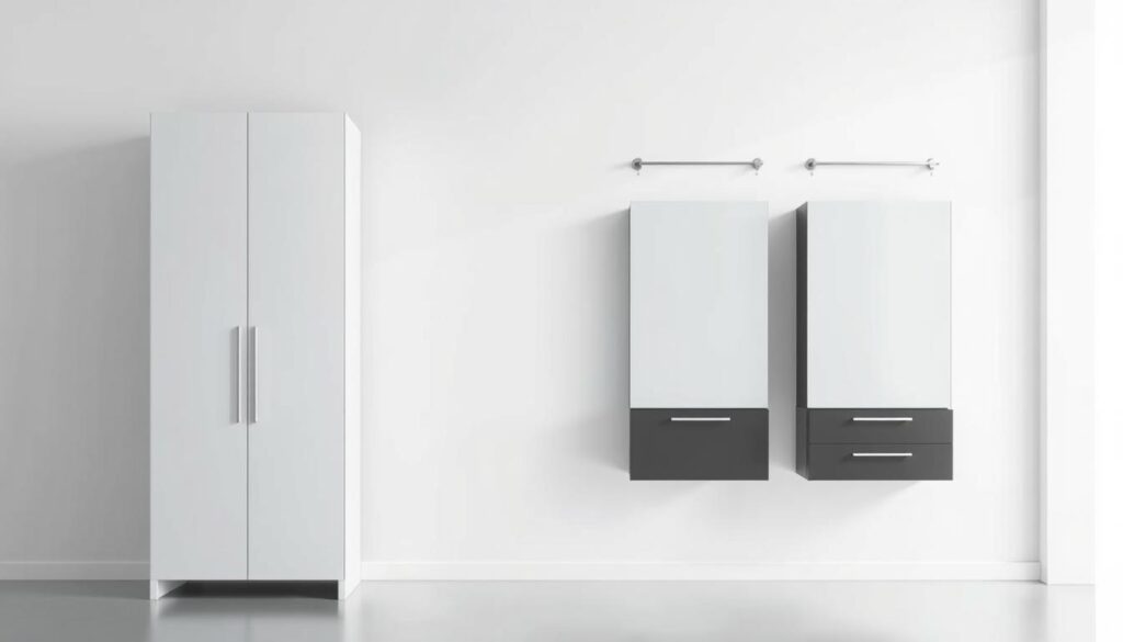 A visually striking comparison of hanging and standing wardrobes, captured in a sleek, modern setting. In the foreground, a tall, freestanding wardrobe stands tall, its clean lines and minimalist design emphasized by soft, directional lighting. In the middle ground, a pair of hanging wardrobes are mounted on the wall, their horizontal orientation creating a striking visual contrast. The background features a neutral, white-walled space, allowing the wardrobes to take center stage. The scene conveys a sense of elegance and functionality, inviting the viewer to consider the unique merits of each wardrobe style.