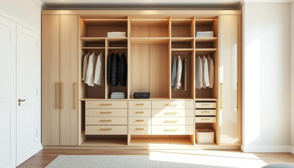 A well-designed and spacious custom wardrobe, its sleek, modern lines accentuated by soft, indirect lighting. Precisely measured drawers and shelves fill the interior, organized and optimized for efficient storage. The wardrobe stands in a sunlit room, its minimalist aesthetic complementing the surrounding decor. A sense of calm and order pervades the scene, inviting the viewer to imagine the perfect storage solution for their own living space.
