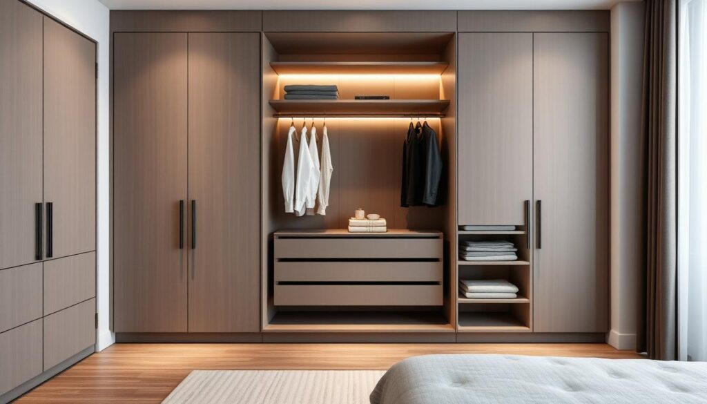 A well-designed wardrobe takes center stage in a modern and minimalist interior. Showcase a sleek, built-in cabinet with a flush, frameless design, illuminated by soft, ambient lighting. Capture the wardrobe's clean lines and subtle textures, perhaps with an open, partially-visible compartment displaying neatly folded clothing. The scene should convey a sense of organization, functionality, and elegant simplicity, reflecting the thoughtful step-by-step process of designing the perfect wardrobe.