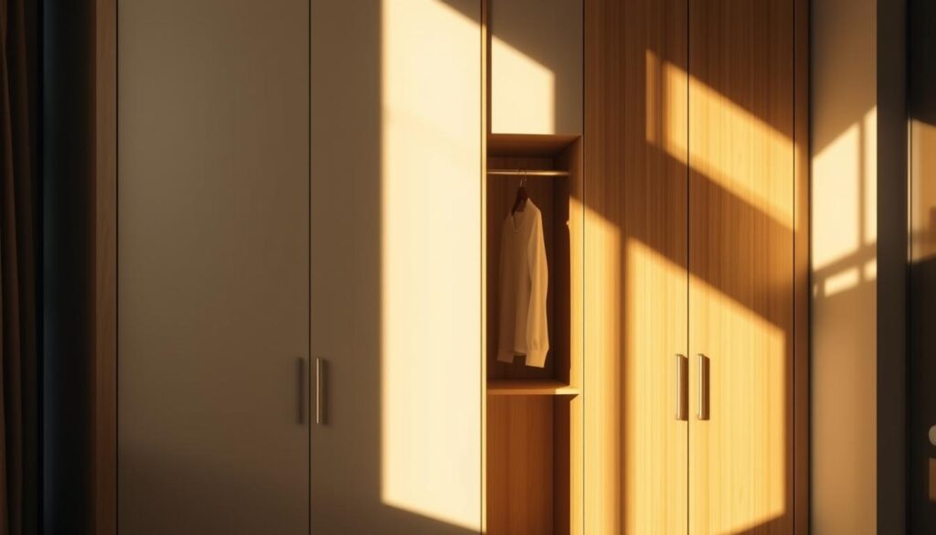 A well-designed wardrobe with a standard depth, showcasing a sleek and modern aesthetic. Illuminated by warm, natural lighting that casts soft shadows, highlighting the clean lines and minimalist design. The wardrobe's depth is precisely measured, striking a balance between functionality and space efficiency, allowing for optimal storage and organization. The scene exudes a sense of harmony and balance, reflecting the importance of carefully considering the optimal depth when planning furniture for a living space.