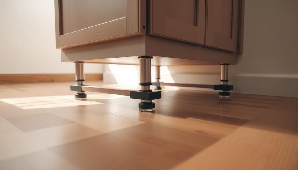 A well-leveled cabinet sitting atop an uneven hardwood floor, its legs carefully adjusted to maintain perfect horizontal alignment. The scene is bathed in soft, diffused lighting, creating subtle shadows that accentuate the cabinet's form. The camera captures the process from a low angle, drawing the viewer's attention to the intricate details of the leveling mechanism and the flawless execution of this practical technique. The overall mood is one of precision, problem-solving, and the satisfaction of a job well done. A well-leveled cabinet sitting atop an uneven hardwood floor, its legs carefully adjusted to maintain perfect horizontal alignment. The scene is bathed in soft, diffused lighting, creating subtle shadows that accentuate the cabinet's form. The camera captures the process from a low angle, drawing the viewer's attention to the intricate details of the leveling mechanism and the flawless execution of this practical technique. The overall mood is one of precision, problem-solving, and the satisfaction of a job well done.