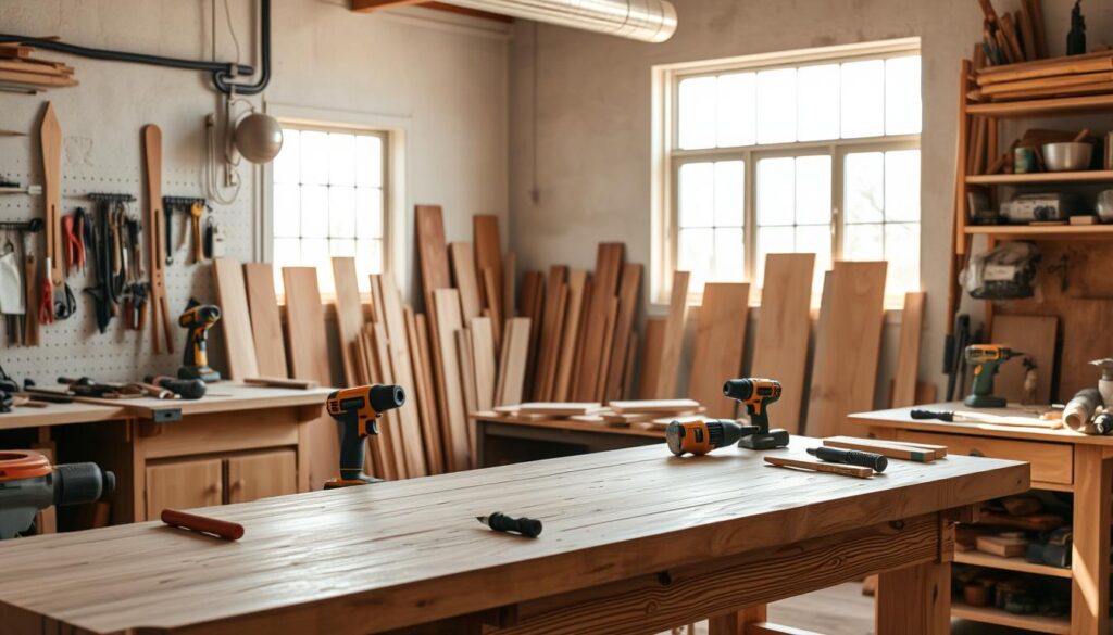 A well-lit and organized carpentry workshop, with a sturdy wooden workbench in the foreground, various hand tools and power tools neatly arranged on the surface and hanging on the walls. In the middle ground, a collection of freshly sanded and stained wood boards, ready for crafting. The background features a large window allowing natural light to flood the space, illuminating the workspace with a warm, inviting glow. The overall atmosphere conveys a sense of focus, productivity, and the satisfying process of handcrafting functional furniture.