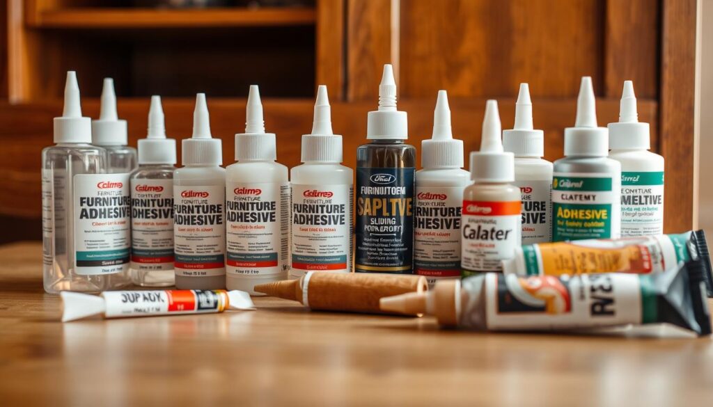 A well-lit, close-up shot of various types of furniture adhesives and glues, including clear, white, and wood-colored options, arranged neatly on a wooden surface. The glues are presented in an appealing and informative manner, showcasing their different applications and textures. The lighting is warm and natural, creating a sense of professionalism and attention to detail. The overall composition emphasizes the versatility and quality of the furniture adhesives, inviting the viewer to consider their benefits for refreshing the appearance of sliding wardrobes.