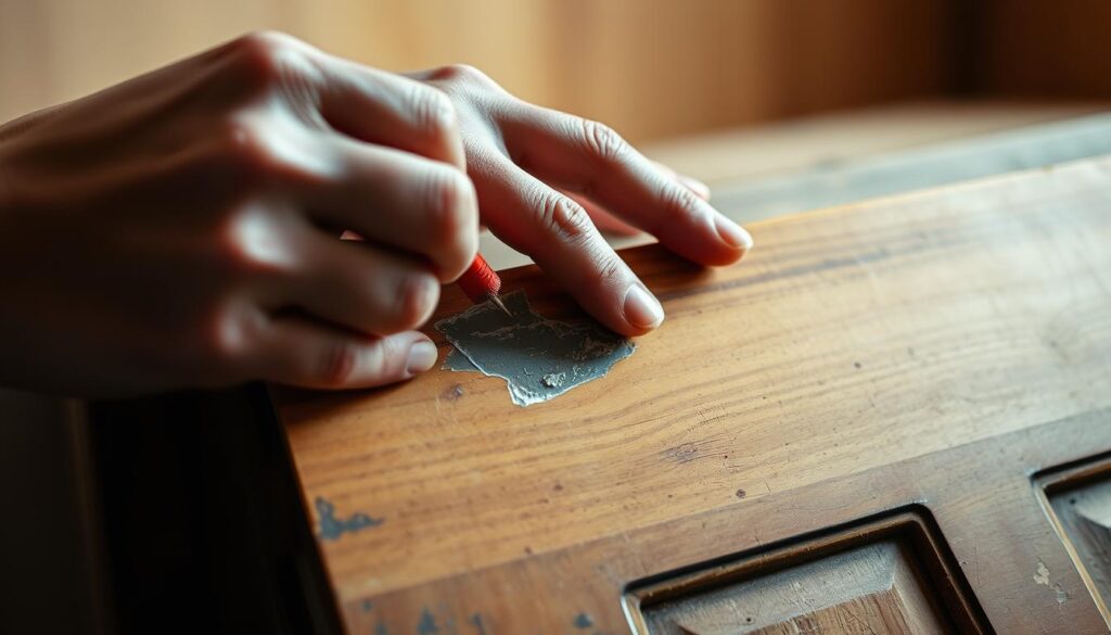 A well-lit, close-up view of a person's hands carefully filling in a damaged wooden surface with a wood filler compound. The foreground shows the hands applying the filler, with the texture and color of the wood grain visible. The middle ground features the worn, scratched surface of an antique wooden cabinet door or drawer front. The background is softly blurred, suggesting a warm, neutral-toned interior space. The scene conveys a sense of focus, precision, and the careful restoration of a cherished furniture piece. A well-lit, close-up view of a person's hands carefully filling in a damaged wooden surface with a wood filler compound. The foreground shows the hands applying the filler, with the texture and color of the wood grain visible. The middle ground features the worn, scratched surface of an antique wooden cabinet door or drawer front. The background is softly blurred, suggesting a warm, neutral-toned interior space. The scene conveys a sense of focus, precision, and the careful restoration of a cherished furniture piece.