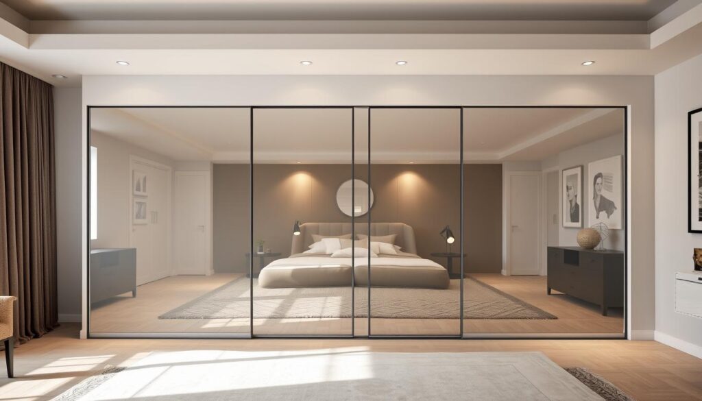 A well-lit, contemporary bedroom interior featuring a sleek, sliding wardrobe with mirrored panels. The wardrobe takes center stage, its smooth, reflective surface casting a soft, diffused light throughout the space. Subtle lighting from hidden fixtures creates a warm, inviting ambiance. The mirrored panels offer a sense of depth and visual interest, reflecting the surrounding decor and creating the illusion of a larger, more open room. The overall composition emphasizes the elegant, functional design of the sliding wardrobe, highlighting its ability to transform and enhance the bedroom's aesthetic.