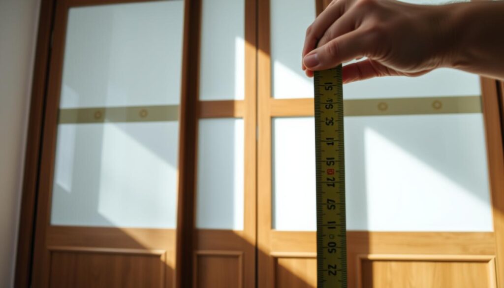 A well-lit, high-angle photograph of a tape measure being used to measure the width and height of a set of sliding wardrobe doors. The doors are made of wood and glass, and the wardrobe is set against a plain white wall. The image shows the process of carefully measuring the dimensions of the doors, with the tape measure visible in the foreground. The lighting is soft and diffuse, creating a sense of clarity and precision. The overall composition emphasizes the importance of accurate measurements for properly fitting sliding wardrobe doors.