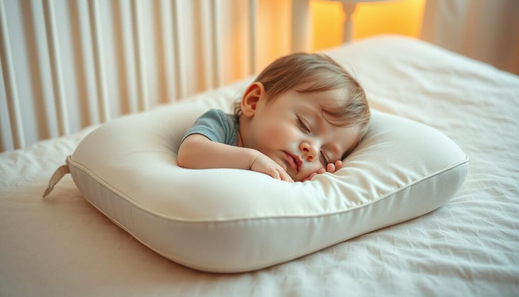A well-lit, high-angle photograph of a young child sleeping peacefully on a cozy orthopedic pillow, their head gently cradled and supported. The pillow is shaped to provide optimal neck and spinal alignment, made of soft, breathable materials. The background is a warm, soothing nursery setting with subtle pastel tones, creating a calming, nurturing atmosphere. The image conveys the importance of choosing the right orthopedic pillow to support a child's growing body and ensure a comfortable, restful sleep.