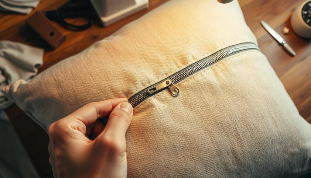 A well-lit, high-angle view of a sewing project featuring a decorative zipper being carefully inserted into a soft, plush pillow. The pillow's fabric is a neutral beige or light gray, allowing the metal zipper's silver teeth and pull-tab to stand out. The scene is framed by a wooden table or workspace, with sewing tools and supplies visible in the background, creating a sense of a methodical, DIY home craft activity. The lighting is warm and diffused, evoking a cozy, instructional atmosphere perfect for guiding the viewer through the step-by-step process of installing a zipper into a pillow.