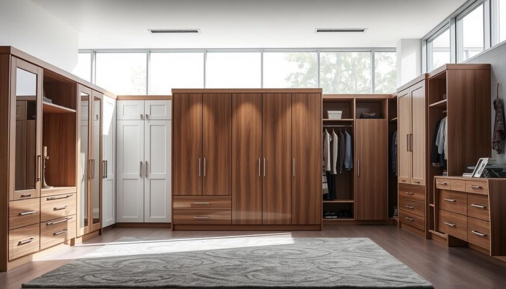 A well-lit, high-quality interior photograph showcasing a selection of custom-made wardrobes and closets. The foreground features a variety of wardrobe designs, ranging from sleek, minimalist models to more ornate, traditional styles. The middle ground showcases a variety of wardrobe sizes, from compact units to expansive, wall-to-wall installations. The background depicts a spacious, modern room with large windows, allowing natural light to stream in and highlight the craftsmanship and materials used in the wardrobes. The overall scene conveys a sense of quality, attention to detail, and the versatility of custom-made wardrobe solutions.