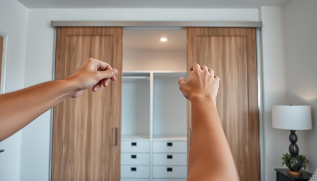 A well-lit, high-resolution photograph of a set of sliding doors being removed from a wardrobe. The doors are made of wood or glass panels, with a sleek, modern design. The frame is made of brushed metal or painted white. The foreground shows the hands of a person carefully lifting the doors off their tracks, while the middle ground reveals the empty wardrobe interior. The background showcases the room's decor, with neutral colors and minimalist furnishings to create a calm, uncluttered atmosphere. The lighting is soft and diffused, emphasizing the details of the door hardware and the person's careful movements. The image conveys a sense of step-by-step guidance for the task of dismantling sliding wardrobe doors. A well-lit, high-resolution photograph of a set of sliding doors being removed from a wardrobe. The doors are made of wood or glass panels, with a sleek, modern design. The frame is made of brushed metal or painted white. The foreground shows the hands of a person carefully lifting the doors off their tracks, while the middle ground reveals the empty wardrobe interior. The background showcases the room's decor, with neutral colors and minimalist furnishings to create a calm, uncluttered atmosphere. The lighting is soft and diffused, emphasizing the details of the door hardware and the person's careful movements. The image conveys a sense of step-by-step guidance for the task of dismantling sliding wardrobe doors.