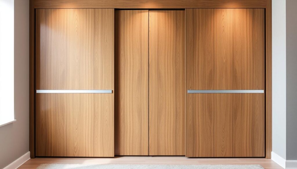 A well-lit, modern sliding door wardrobe with a minimalist design. The doors are made of sleek, high-quality materials, such as wood or glass, and have a smooth, seamless sliding mechanism. The wardrobe is set against a neutral-toned wall, allowing the focus to be on the clean lines and elegant proportions of the furniture piece. Soft, diffused lighting highlights the textures and finishes, creating a warm, inviting atmosphere. The overall composition emphasizes the functional yet stylish nature of the sliding door wardrobe, showcasing its practical storage solutions and aesthetic appeal.