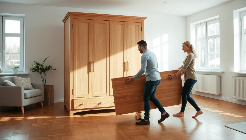 A well-lit, spacious living room with a large, heavy wooden wardrobe in the center. Two people, a man and a woman, are carefully maneuvering the wardrobe, using furniture sliders and ergonomic lifting techniques to slide it across the hardwood floor. They maintain good posture and communicate to ensure a safe, controlled move. The room is decorated in a minimalist, Scandinavian style, with natural light streaming in through large windows. The overall scene conveys a sense of care, collaboration, and attention to safety during the furniture relocation process.