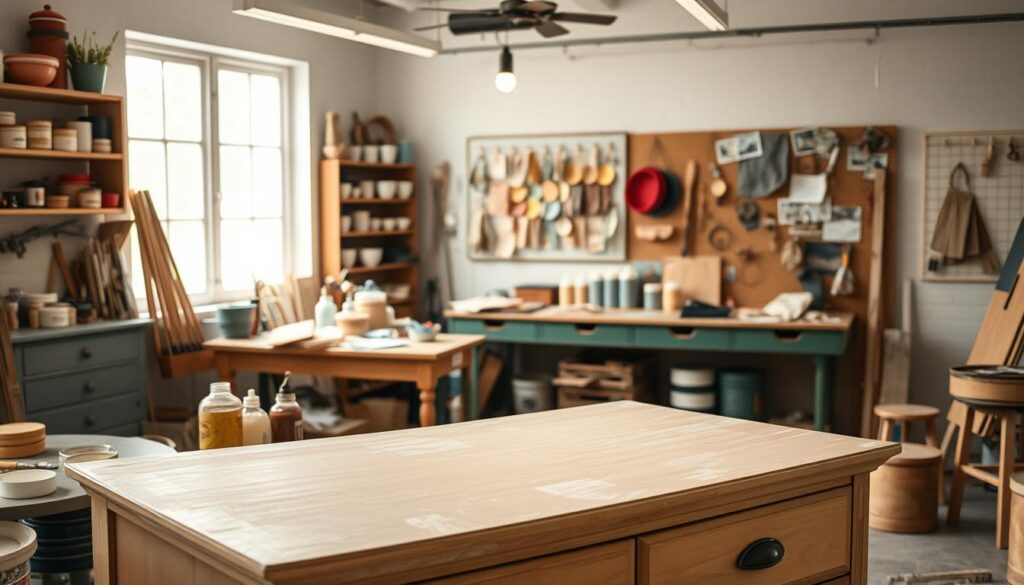 A well-lit, spacious workshop filled with an array of tools and materials, showcasing alternative furniture refinishing techniques. In the foreground, a vintage wooden dresser undergoing a creative transformation, its surface sanded and primed, ready for a vibrant new paint color or unique decoupage design. In the middle ground, jars of chalk paint, distressing wax, and other specialty finishes stand ready to breathe new life into the piece. The background features a workbench adorned with upcycled hardware, repurposed fabric swatches, and a mood board displaying inspirational furniture makeover ideas. Soft, natural lighting filters in, creating a warm, inviting atmosphere for the DIY furniture revival.