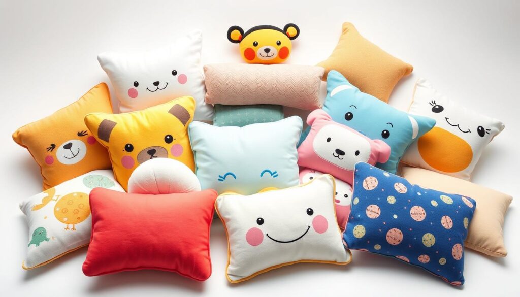 A well-lit studio shot of an assortment of children's pillows in various shapes, sizes, and materials, including plush, memory foam, and hypoallergenic options. The pillows are arranged artfully on a clean white backdrop, with a soft, even lighting that brings out their textures and colors. The pillows feature whimsical designs, such as animal shapes, cartoon characters, and vibrant patterns, to appeal to young children. The overall composition conveys a sense of comfort, quality, and playfulness, showcasing the diverse range of options available for children's bedding.