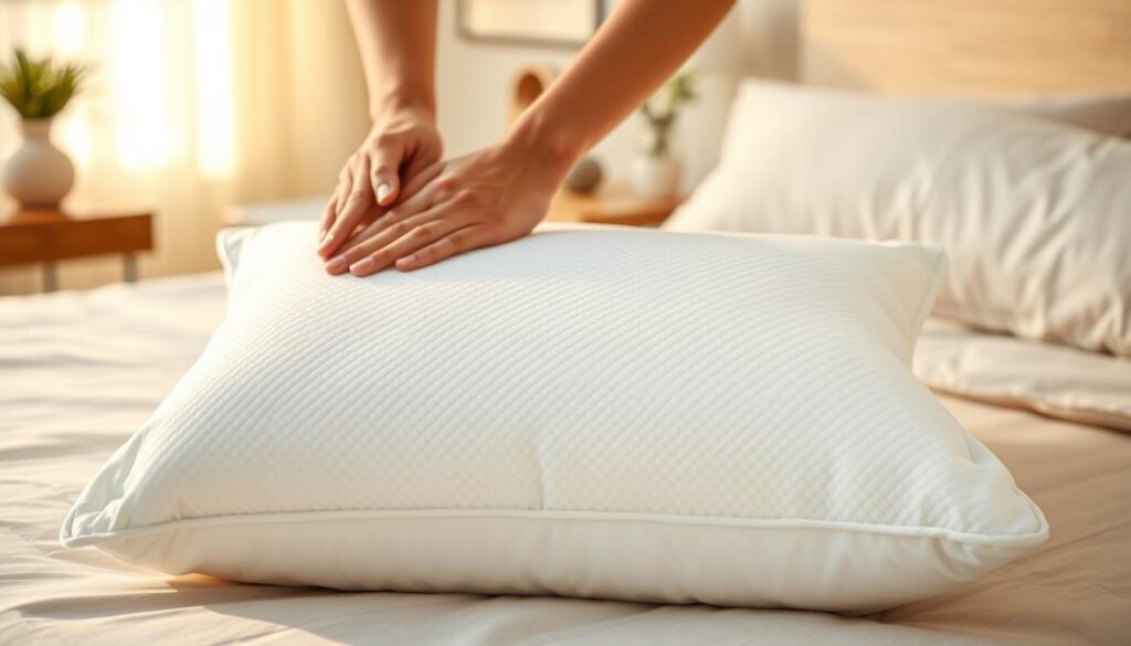 A well-maintained Wellpur pillow rests on a soft, cozy bed, its pristine white fabric glistening under warm, natural lighting. The pillow's distinct diamond-shaped texture is clearly visible, reflecting its premium construction. In the foreground, a pair of caring hands tenderly fluff the pillow, demonstrating the gentle attention required to keep it in optimal condition. The background features a serene bedroom setting, with minimalist decor that complements the pillow's elegant simplicity. The overall atmosphere conveys a sense of comfort, relaxation, and the importance of properly caring for this high-quality sleep accessory.