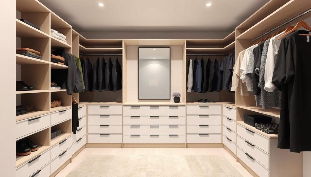 A well-organized and expertly-designed closet interior, featuring a clean, minimalist aesthetic. The foreground showcases a series of shelves, drawers, and hanging rods, neatly arranged to optimize storage space. The middle ground includes a full-length mirror, providing a functional and visually appealing element. The background features a neutral-toned wall, creating a calming and uncluttered atmosphere. The lighting is soft and even, gently illuminating the space and highlighting the careful attention to detail. The overall composition conveys a sense of order, efficiency, and personalized style, perfectly capturing the essence of "projektowanie wnętrza szafy." A well-organized and expertly-designed closet interior, featuring a clean, minimalist aesthetic. The foreground showcases a series of shelves, drawers, and hanging rods, neatly arranged to optimize storage space. The middle ground includes a full-length mirror, providing a functional and visually appealing element. The background features a neutral-toned wall, creating a calming and uncluttered atmosphere. The lighting is soft and even, gently illuminating the space and highlighting the careful attention to detail. The overall composition conveys a sense of order, efficiency, and personalized style, perfectly capturing the essence of "projektowanie wnętrza szafy."