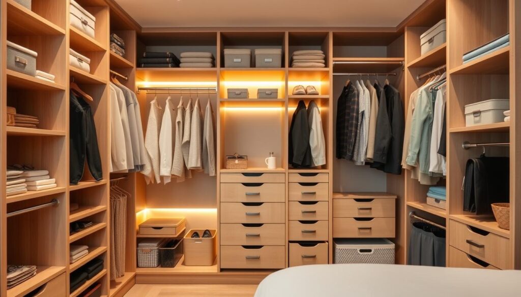A well-organized and visually appealing wardrobe interior, showcasing a variety of customized storage solutions. The foreground features a range of adjustable shelves, hanging rods, and modular organizers, allowing for personalized organization of clothing, accessories, and personal items. The middle ground depicts a series of custom-fit drawers and dividers, optimizing the use of available space. In the background, a subtle yet elegant lighting system casts a warm, inviting glow, creating a sense of comfort and personalization. The overall scene conveys a harmonious blend of functionality and aesthetic appeal, reflecting the owner's unique style and preferences.