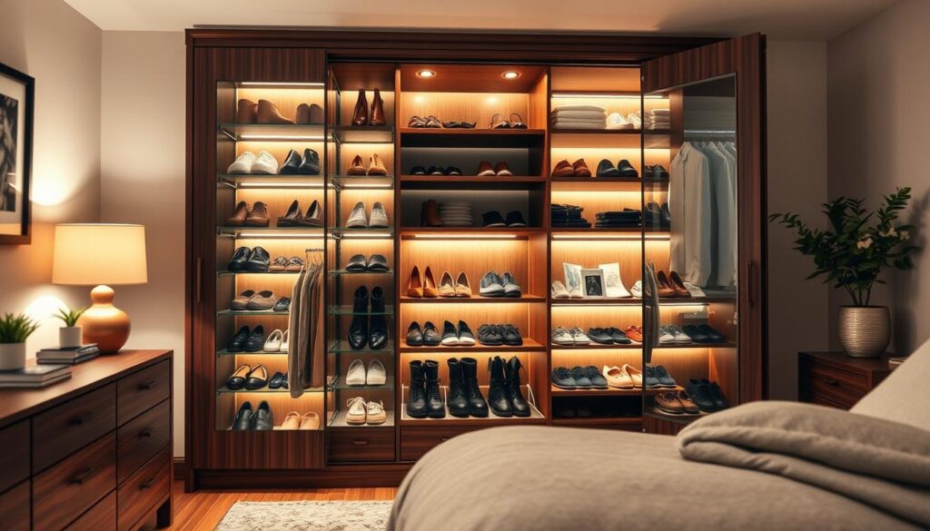 A well-organized shoe storage cabinet in a warm, inviting bedroom setting. The cabinet features multiple shelves and compartments for neatly arranging and displaying a diverse collection of shoes. Warm lighting illuminates the cabinet, creating a cozy atmosphere. The cabinet is made of rich, dark-stained wood, complementing the neutral color palette of the room. Subtle decorative elements, such as potted plants or artwork, add visual interest to the space. The camera is positioned at an angle to showcase the cabinet's design and functionality, capturing the harmony between form and function.