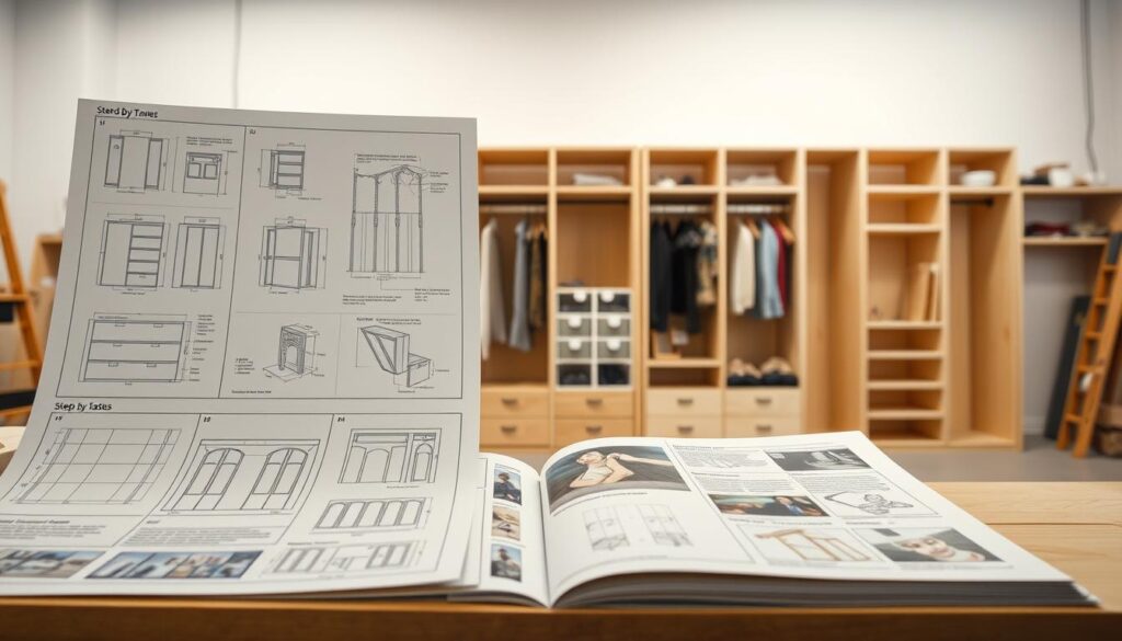 A well-organized step-by-step instruction manual for building a sturdy, modern wardrobe. In the foreground, detailed diagrams and technical schematics illustrate the assembly process, with precise measurements and materials specifications. In the middle ground, a series of clear, high-quality photographs showcase the various stages of construction, from cutting the wood panels to installing the hinges and shelves. In the background, a minimalist, neutral-toned workshop setting provides a clean, uncluttered backdrop, allowing the focus to remain on the instructional content. Soft, diffused lighting illuminates the scene, creating a sense of clarity and professionalism. The overall mood is one of practical utility and visual organization, guiding the viewer through the wardrobe-building process step-by-step. A well-organized step-by-step instruction manual for building a sturdy, modern wardrobe. In the foreground, detailed diagrams and technical schematics illustrate the assembly process, with precise measurements and materials specifications. In the middle ground, a series of clear, high-quality photographs showcase the various stages of construction, from cutting the wood panels to installing the hinges and shelves. In the background, a minimalist, neutral-toned workshop setting provides a clean, uncluttered backdrop, allowing the focus to remain on the instructional content. Soft, diffused lighting illuminates the scene, creating a sense of clarity and professionalism. The overall mood is one of practical utility and visual organization, guiding the viewer through the wardrobe-building process step-by-step.