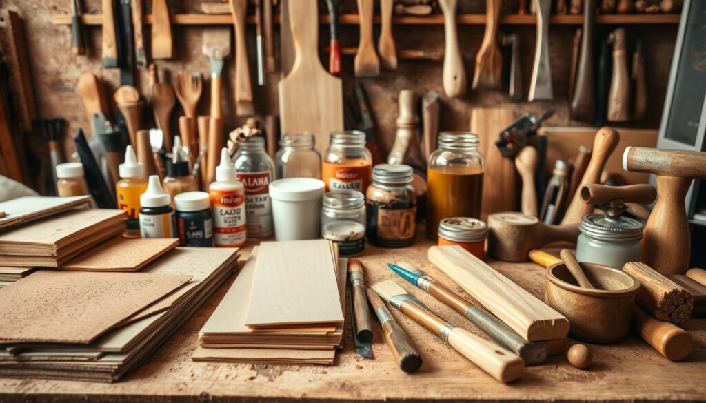 A well-organized workbench with an assortment of woodworking tools and materials for furniture restoration. In the foreground, a variety of sandpapers, wood glue, and finishing brushes are neatly arranged. In the middle ground, a selection of paint, stains, and varnishes in glass jars cast warm, muted tones across the scene. The background features a selection of hand tools such as chisels, hammers, and clamps, all bathed in soft, natural lighting that accentuates the textures and materials. The overall atmosphere conveys a sense of craftsmanship, attention to detail, and the promise of transforming an old piece of furniture into something renewed and beautiful. A well-organized workbench with an assortment of woodworking tools and materials for furniture restoration. In the foreground, a variety of sandpapers, wood glue, and finishing brushes are neatly arranged. In the middle ground, a selection of paint, stains, and varnishes in glass jars cast warm, muted tones across the scene. The background features a selection of hand tools such as chisels, hammers, and clamps, all bathed in soft, natural lighting that accentuates the textures and materials. The overall atmosphere conveys a sense of craftsmanship, attention to detail, and the promise of transforming an old piece of furniture into something renewed and beautiful.
