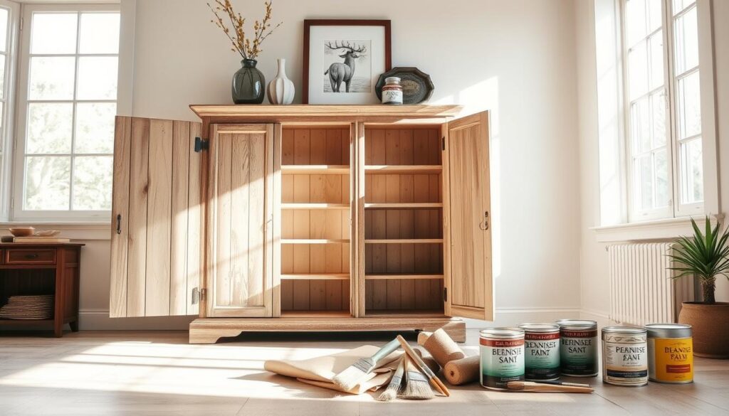 A well-worn wooden cabinet stands in a bright, airy room. Soft natural light streams through large windows, casting a warm glow on the cabinet's weathered surface. The cabinet's doors are open, revealing the interior shelves in need of refreshing. Atop the cabinet, decorative items like vases and framed artwork add visual interest. The room's neutral color palette, with hints of earthy tones, creates a serene, rustic atmosphere. In the foreground, a collection of refinishing supplies - sandpaper, paint brushes, and cans of paint - are neatly arranged, ready to breathe new life into the tired cabinet.