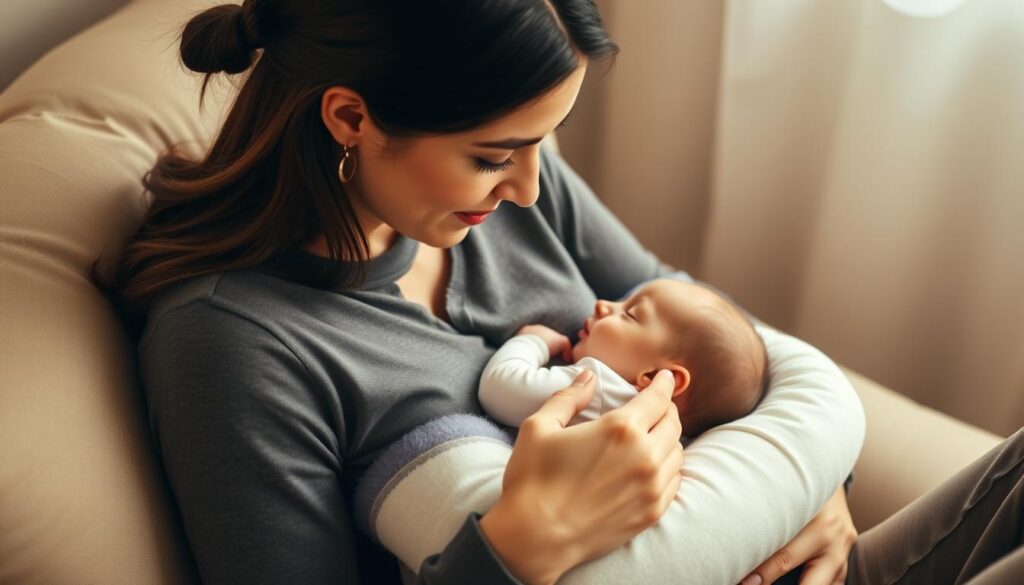 A woman gently cradling a newborn baby, using a soft, plush nursing pillow to support the infant's head and back. The pillow is positioned comfortably on the woman's lap, allowing her to hold the baby in a natural, upright position. The scene is bathed in warm, diffused lighting, creating a cozy and intimate atmosphere. The woman's expression is one of tenderness and focus, as she gazes down at the baby, fully engaged in the feeding process. The background is blurred, allowing the viewer to concentrate on the nurturing interaction between the mother and child.