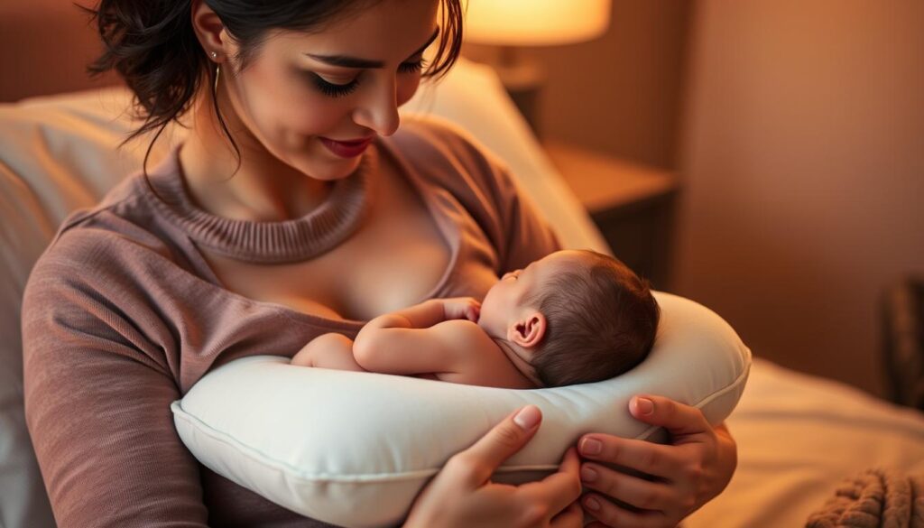 A woman gently holds a nursing pillow, positioned just below her breasts, as she tenderly gazes down at a newborn baby cradled in her arms. The cozy scene is bathed in warm, soft lighting, creating a serene and intimate atmosphere. The woman's expression radiates a sense of nurturing care, while the baby rests peacefully, snuggled into the plush, supportive contours of the nursing pillow. The background is subtly blurred, drawing the viewer's focus to the delicate interaction between mother and child. The image captures the practical yet affectionate use of a nursing pillow, highlighting its role in facilitating a comfortable and bonding breastfeeding experience.