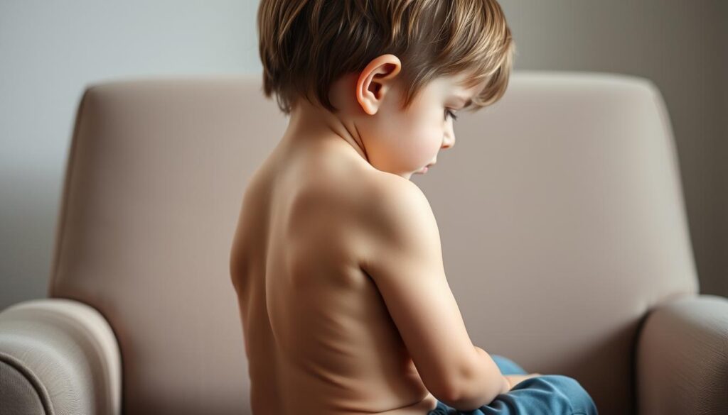 A young child sitting upright on a comfortable chair, their posture slightly hunched and their shoulders rounded. The lighting is soft and diffused, casting gentle shadows that accentuate the contours of their body. The background is blurred, keeping the focus on the child's posture. The overall mood is pensive, hinting at the potential issues that can arise from poor posture in children. The image should convey a sense of concern and the need for proper support, such as a suitable pillow, to help maintain healthy spinal alignment.