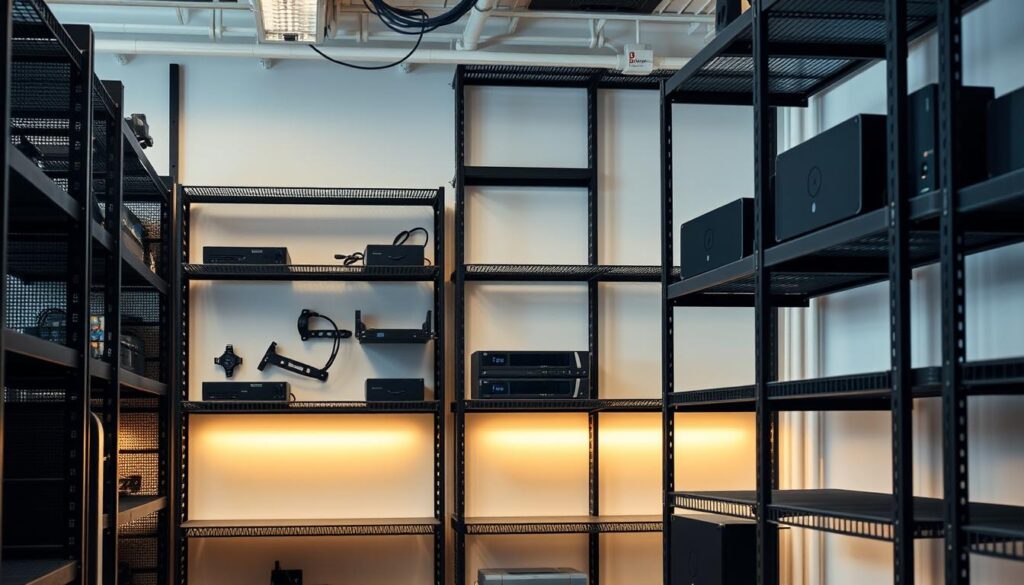 An office interior with sleek, black metal shelving units lining the walls. The shelves are adorned with various organizational accessories like cable trays, server mounts, and perforated panels. Soft, indirect lighting casts a warm glow over the space, highlighting the utilitarian yet sophisticated design. The camera angle is slightly elevated, giving a broad view of the neatly arranged shelving system that dominates the frame. The overall aesthetic conveys a sense of efficiency, functionality, and professional polish suitable for a home office or small business environment.