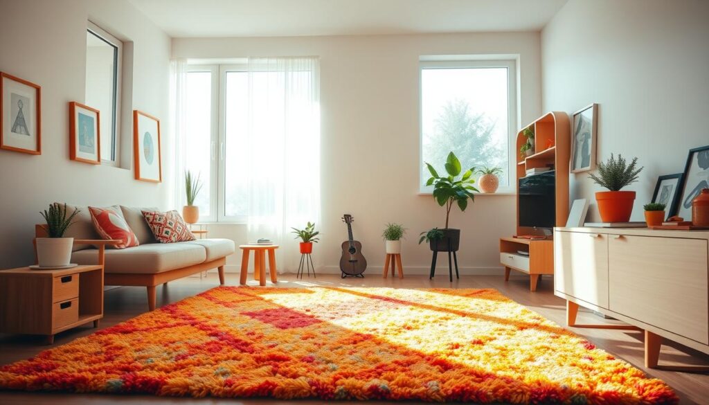 Bright, vibrant colors in a cozy, sun-filled small interior. Soft, diffused natural light filters through large windows, casting a warm glow over a minimalist living space. A plush, colorful area rug defines the foreground, with playful accent pieces like potted plants and artful decor adding pops of color. The walls are painted in a light, airy palette, complemented by light wood furniture and clean-lined silhouettes. An overall sense of openness and airiness, creating a serene, uplifting atmosphere in the compact room.