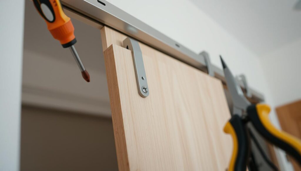 Detailed close-up view of a sliding wardrobe door, showcasing the hardware components and the process of disassembly. The scene features a partially disassembled door, with tools like screwdrivers and pliers visible, indicating the preparatory stage of the removal process. The lighting is soft and diffused, highlighting the textures and details of the door materials. The angle is slightly elevated, providing a clear, unobstructed view of the task at hand. The overall mood is one of focused, methodical preparation, setting the stage for the subsequent steps in the door removal procedure. Detailed close-up view of a sliding wardrobe door, showcasing the hardware components and the process of disassembly. The scene features a partially disassembled door, with tools like screwdrivers and pliers visible, indicating the preparatory stage of the removal process. The lighting is soft and diffused, highlighting the textures and details of the door materials. The angle is slightly elevated, providing a clear, unobstructed view of the task at hand. The overall mood is one of focused, methodical preparation, setting the stage for the subsequent steps in the door removal procedure.