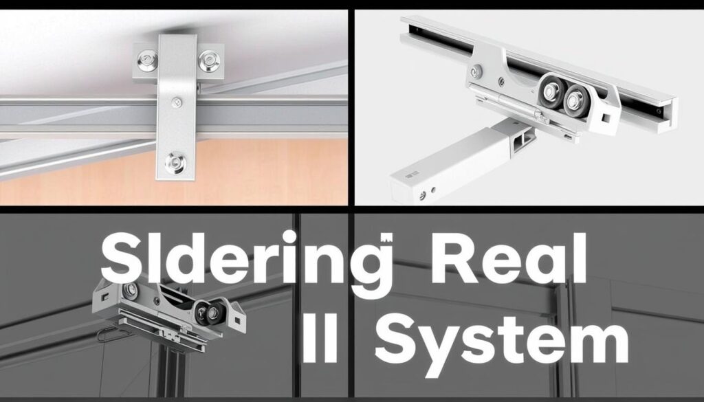Detailed closeup of a sliding door rail system installation, with a focus on the individual components and mechanics. Showcasing the assembly of the mounting brackets, rollers, and track in a well-lit, high-resolution scene. Capture the technical precision and intricacy of the process, with a sense of order and functionality. Employ a neutral color palette, clean lines, and sharp angles to convey the professional, instructional nature of the image. Depict the system from multiple angles to provide a comprehensive visual guide, without any extraneous elements or text overlays.