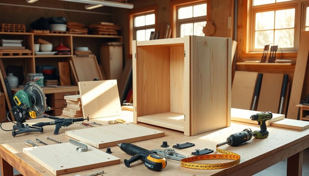 Detailed construction manual for a wooden cabinet, shot in a well-lit workshop setting. Clear, step-by-step instructions with tools and materials laid out neatly on a workbench. Woodworking tools like a power saw, drill, and measuring tape prominently featured. Warm, natural lighting filters in through large windows, casting soft shadows. Finished cabinet parts and hardware components visible in the foreground, with a partially assembled cabinet in the middle ground. Clean, organized workspace with shelves and storage in the background, conveying a sense of DIY practicality and precision.