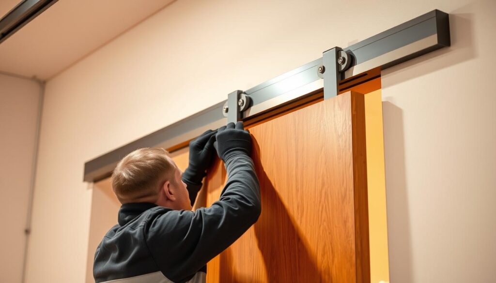 Detailed installation of a sliding door system. A technician assembles the sliding track mechanism, carefully aligning the rails and securing them to the wall. The door panels are then attached, their smooth, reflective surfaces catching the warm lighting. The overall scene conveys a sense of precision engineering and skilled craftsmanship, with the focus on the technical aspects of the installation process. The image should be shot from an angle that showcases the key components of the system, providing a clear visual guide for the "Montaż systemu przesuwnych drzwi" section of the article.