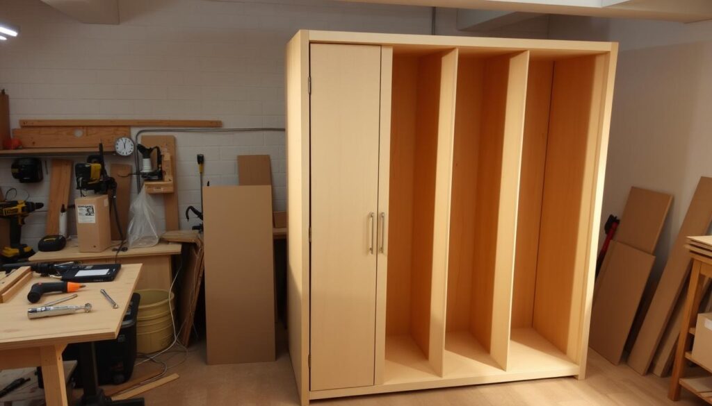 Detailed step-by-step guide for constructing a sturdy MDF wardrobe. Crisp, well-lit workshop interior with various power tools and woodworking materials in the background. Foreground showcases the assembly process - clean, angular lines of MDF panels being precisely measured, cut, and joined with screws and hinges to form the wardrobe frame and doors. Soft, warm lighting casts gentle shadows, emphasizing the clean, modern aesthetic. The resulting wardrobe is sleek, minimal, and functional, ready to be incorporated into a contemporary living space.