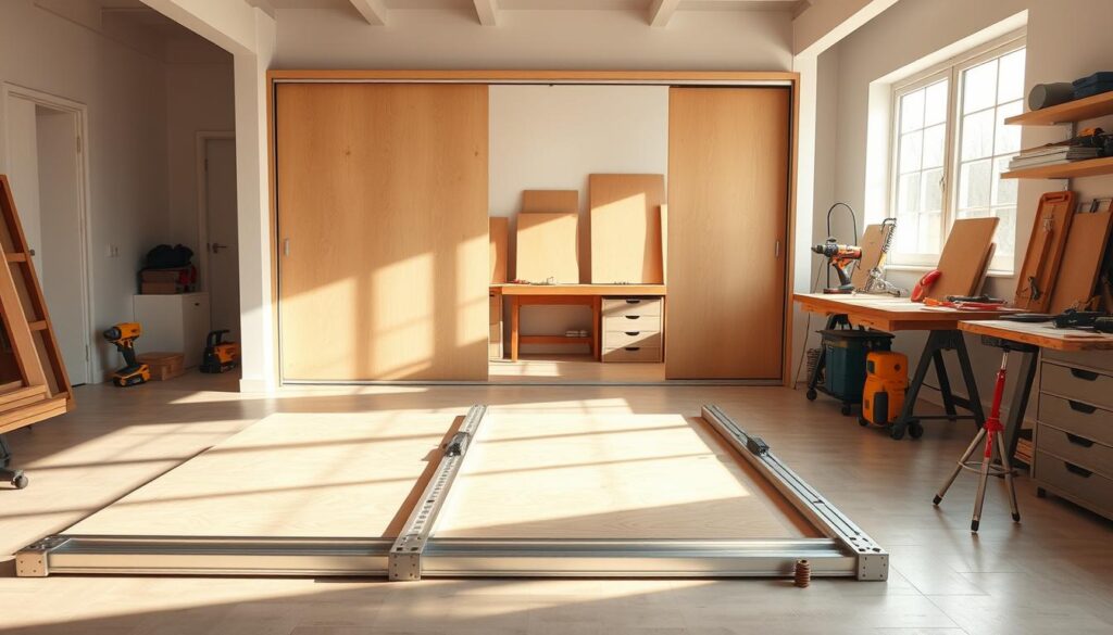 Detailed step-by-step instructions for building a sliding wardrobe. Bright, airy room with clean modern design. Plywood panels and aluminum rails in the foreground, partially assembled. Midground shows various tools and materials - saws, drills, screws, wooden panels. Background features a workbench and shelves with DIY supplies. Warm, natural lighting from large windows, casting shadows and highlights. Conveys a sense of accomplishment and pride in a well-crafted, functional piece of furniture.