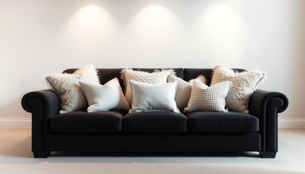 Elegant black sofa set against a minimalist, light-filled interior. On the sofa, an assortment of plush, decorative throw pillows in various textures and shades of white, beige, and gray, creating a cohesive, high-end aesthetic. The pillows are arranged in a visually appealing, balanced composition, complementing the clean lines of the sofa. Soft, indirect lighting from overhead sources casts a warm, inviting glow, highlighting the luxurious fabrics and subtle patterns of the pillows. The overall scene exudes a sense of sophistication and modern style, perfect for showcasing the perfect accent pieces for a black couch.