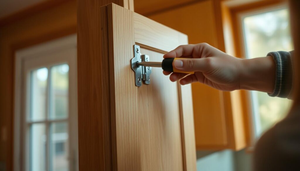 High-quality close-up photograph of a person's hands adjusting the hinges on a wooden cabinet door, using a screwdriver. The person is wearing a casual outfit and the cabinet is in a well-lit interior setting, with warm lighting from a nearby window. The image has a sharp focus on the hands and hinges, with a slightly blurred background to draw attention to the central action. The overall mood is one of focus and precision, capturing the process of properly calibrating the cabinet door hinges.