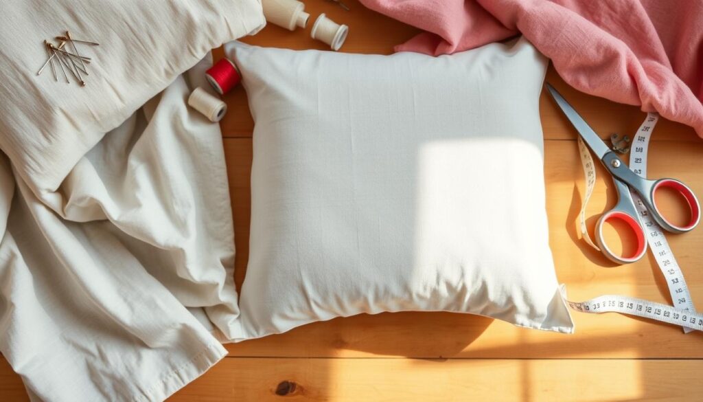 High quality, detailed still life photograph of sewing materials for making a pillow cover, including fabric, thread, scissors, pins, measuring tape, and a zipper laid out on a wooden table in natural light. The fabrics have a soft, textured appearance and the overall scene has a warm, inviting mood. The composition is balanced and the lighting is soft and even, highlighting the materials in a visually appealing way. The angle is slightly overhead to showcase the full array of sewing supplies.