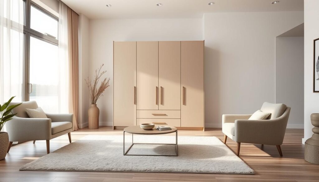 Imagine a cozy, modern living room with a stunning focal point - a beautifully designed wardrobe. The wardrobe stands tall, its sleek lines and neutral tones seamlessly blending with the room's soft, muted palette. Gentle light filters through sheer curtains, casting a warm glow on the wardrobe's smooth surfaces. In the foreground, a plush area rug and a low, minimalist coffee table create a inviting seating area. The middle ground features a pair of comfortable armchairs, their clean-lined silhouettes complementing the wardrobe's architectural presence. In the background, a large window offers a glimpse of a tranquil outdoor scene, adding depth and balance to the composition. The overall atmosphere is one of understated elegance, where the wardrobe's design effortlessly elevates the entire room's aesthetic.