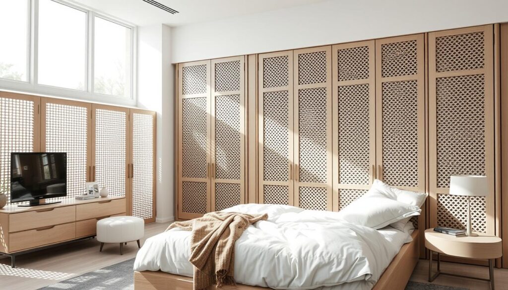Intricate, delicate lattice-like screens in a modern, airy bedroom. Backlit by soft, diffused natural light streaming through large windows, casting gentle shadows on the minimalist furniture. The ażurowe parawany - openwork, perforated panels - serve as a stylish, functional alternative to traditional wardrobe doors, blending seamlessly with the room's elegant, Scandinavian-inspired design. Sleek, lacquered wood or metal frames enclose the intricate, woven patterns, creating a sense of privacy and visual interest. Capture the tranquil, refined atmosphere with a medium-wide angle lens, emphasizing the harmonious interplay of light, shadow, and modern, architectural elements.