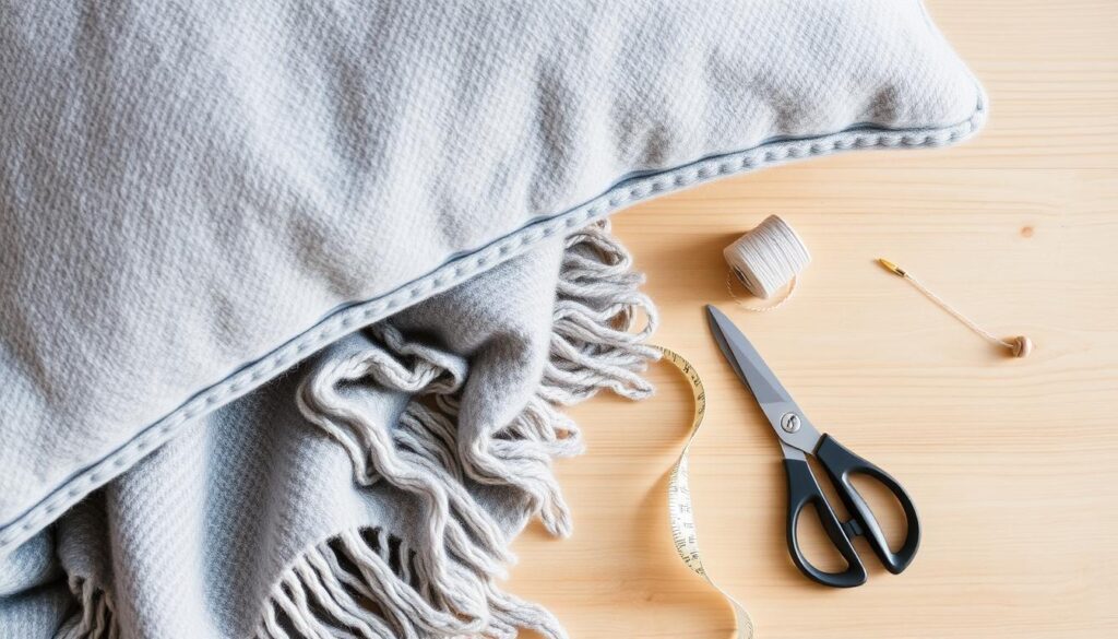 a cozy arrangement of materials for making a pillow from a cozy blanket, featuring a soft, warm gray wool blanket, a sewing needle and thread, fabric scissors, and a measuring tape, all arranged neatly on a natural, wooden table or surface, with soft, diffused lighting creating a calming, inviting atmosphere, capturing the DIY spirit and coziness of the project.
