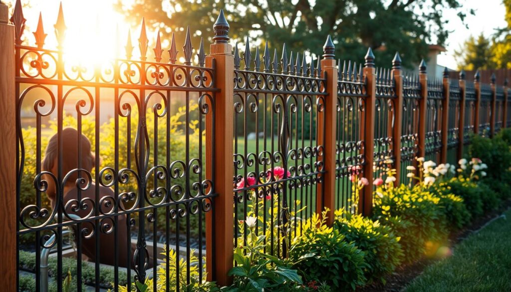A beautifully crafted garden fence, adorned with intricate wrought-iron designs, casting captivating shadows under the warm glow of the afternoon sun. Tall, elegant wooden posts support the delicate metalwork, creating a harmonious blend of natural and industrial elements. The fence winds gracefully through a lush, well-manicured garden, dotted with vibrant flowers and verdant foliage, inviting the viewer to step inside and explore the serene outdoor sanctuary. The composition is balanced, with the fence as the focal point, surrounded by a tranquil, atmospheric setting that evokes a sense of beauty, functionality, and timeless elegance.