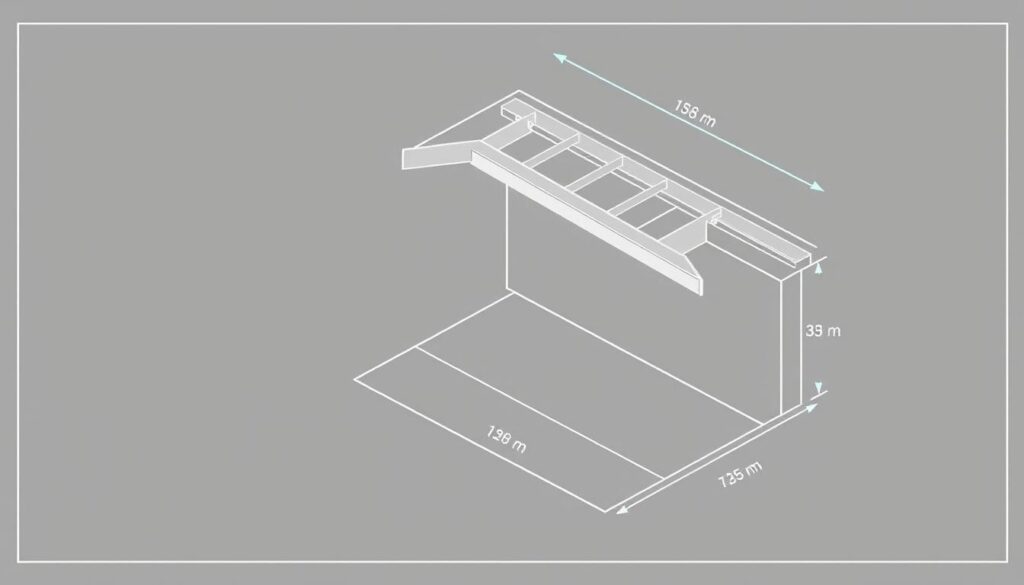 A blueprint-style technical illustration depicting the standards and regulations governing the dimensions of roof overhangs. A detailed schematic view shows the key measurements and clearances, including the minimum and maximum allowable overhang lengths, the required distance from the wall, and the ideal height above the ground. The illustration features clean, minimalist linework and isometric perspectives to convey the technical information clearly and concisely. Muted, technical colors like grays, blues, and greens create a professional, authoritative atmosphere. The overall design prioritizes functionality and informative accuracy over creative flourishes, making it suitable for use in an instructional article.