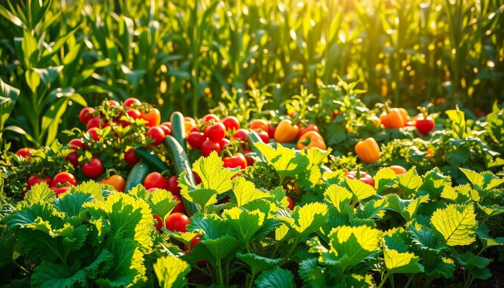 A bountiful garden filled with a vibrant display of vegetables, bathed in warm, golden sunlight. In the foreground, lush green leafy greens, such as kale and spinach, stand tall and proud. Behind them, bright red tomatoes, juicy cucumbers, and vibrant bell peppers thrive, their colors popping against the rich, earthy soil. In the background, the silhouettes of tall, sturdy corn stalks sway gently in a soft breeze, creating a sense of depth and tranquility. The overall scene exudes a sense of abundance, vitality, and the joy of homegrown produce, perfect for illustrating a section on the best vegetables to cultivate in one's own garden.