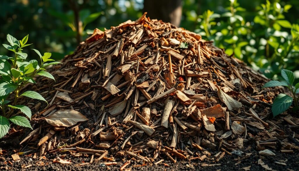 A bountiful heap of rich, earthy compost spills forth, a natural treasure trove for the garden. Textures of decomposing leaves, wood chips, and vegetable scraps mingle in an inviting mound, radiating an aroma of fertile soil. Soft, diffused light filters through the surrounding greenery, casting gentle shadows that accentuate the contours of the compost. The scene exudes a serene, harmonious atmosphere, beckoning the viewer to consider alternatives to traditional mulches and decorative materials. This image captures the essence of a sustainable, eco-friendly solution for the garden, perfectly suited to illustrate the section on "Co zamiast kory do ogrodu".