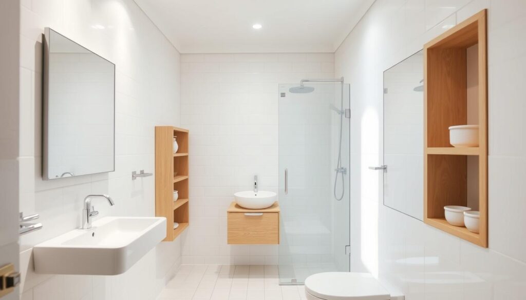A bright, airy bathroom with clean, minimalist design. The small space is maximized through the use of light-colored tiles, a wall-mounted vanity, and a frameless glass shower enclosure. Recessed lighting and a large mirror create an illusion of depth, while strategically placed shelves and niches provide ample storage. The overall atmosphere is calming and serene, with a touch of Scandinavian influence. The lighting is soft and natural, emphasizing the room's crisp, contemporary aesthetic. The camera angle captures the space from a slightly elevated perspective, showcasing the clever utilization of the limited square footage.